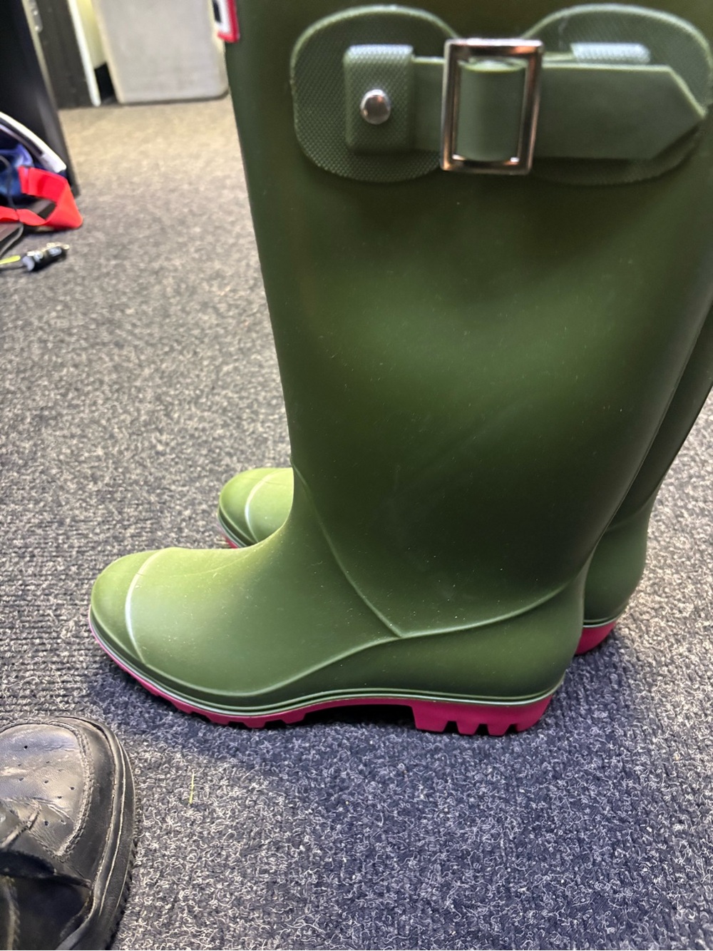 Women’s Olive Green Rubber Rain Boots with Pink Sole